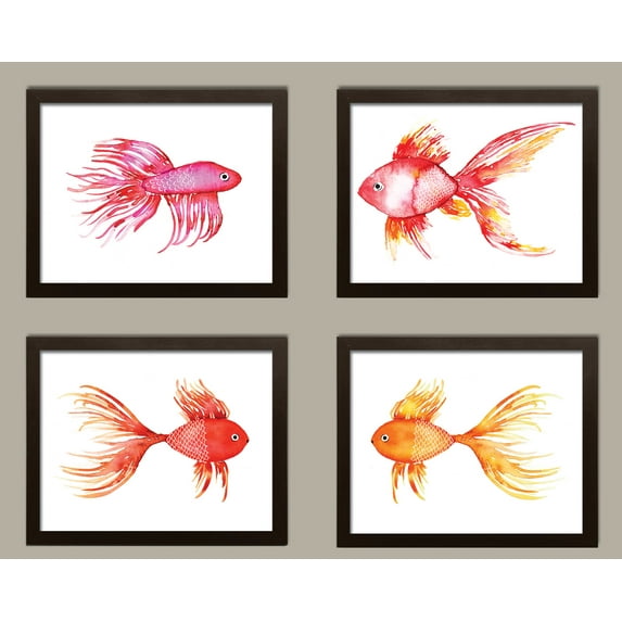 Beautiful, Vibrant Pink and Orange Goldfish; Four 10x8in Brown Framed Prints