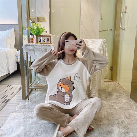 

PIKADINGNIS Autumn Winter Warm Flannel Women Pajamas Sets Thick Coral Velvet Long Sleeve Cartoon Sleepwear Set Flannel Home Wear Clothes