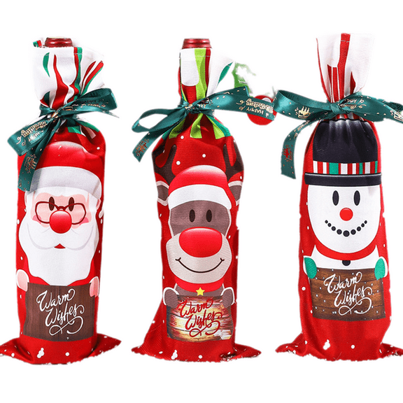 AmaMary 3Pcs Christmas Wine Gift Bag with Printed Drawstring Red Wine Drawstring Bottle Holder Christmas Snowman Moose Pattern Reusable Wine Bag Christmas Party Decoration
