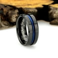 thumbnail image 2 of Men's Women's Tungsten Wedding Band Engagement Ring 8mm High Polished Beveled Edge Black IP Plated Ring with Blue IP Plated Grooved Center, 2 of 4