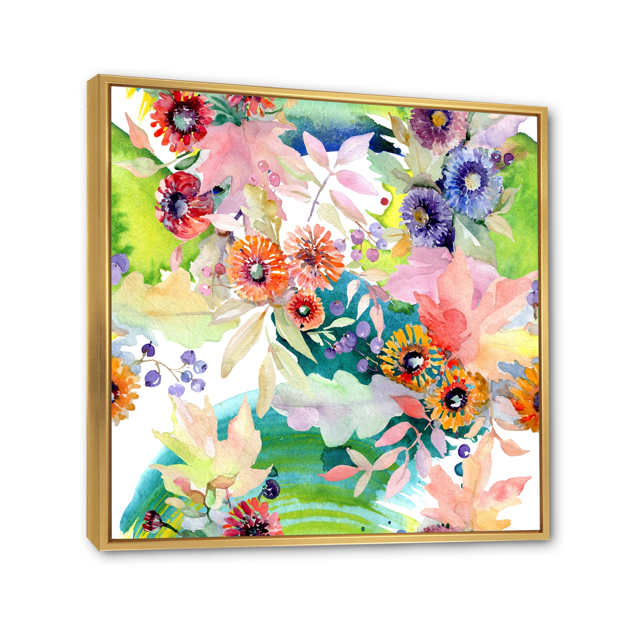Wildflowers and Vibrant Wild Spring Leaves II 30 in x 30 in Framed Painting Canvas Art Print, by Designart