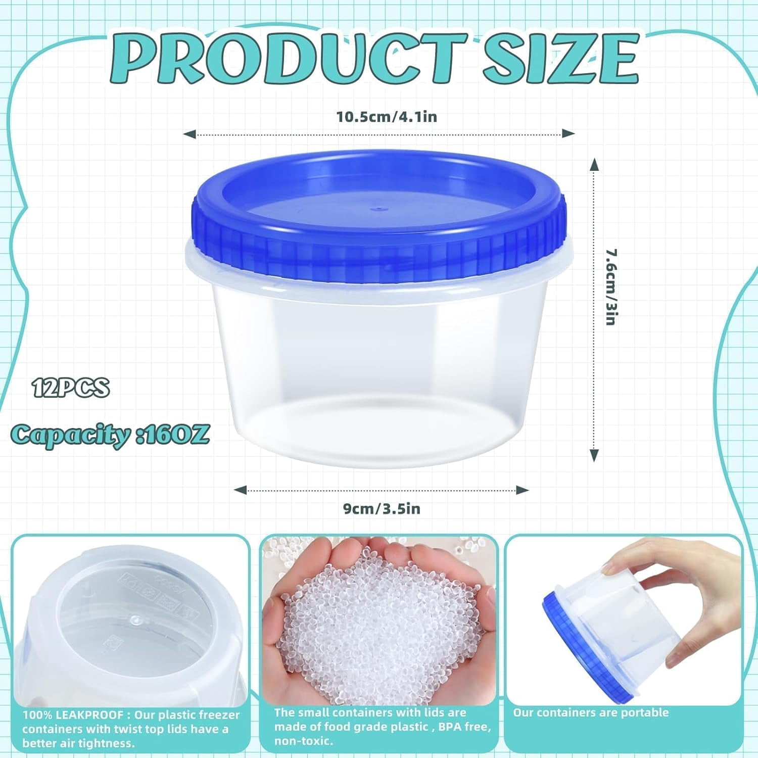 Freezer Storage Containers, [12 Pack-16 Oz] Airtight Plastic Food Storage Containers with Twist Top Lids, Soup, Meal Prep Containers | BPA Free | Stackable | Leakproof