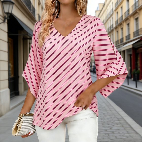 Uootdi Boho Tops for Women 3/4 Sleeve V Neck Ethnic Geometric Print Flared Sleeve Relaxed Fit Trendy Casual Vacation Outfits Gift