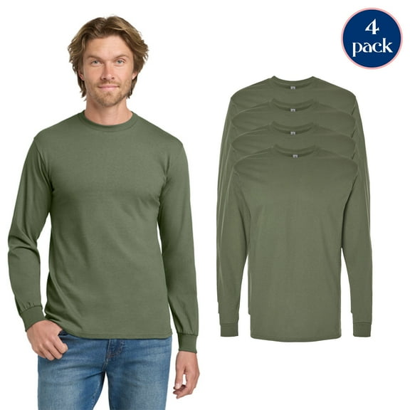 Gildan Adult’s Heavy Cotton Long Sleeve T-Shirt, Crewneck Casual Bulk Pack of 4 Military Green Tee, S