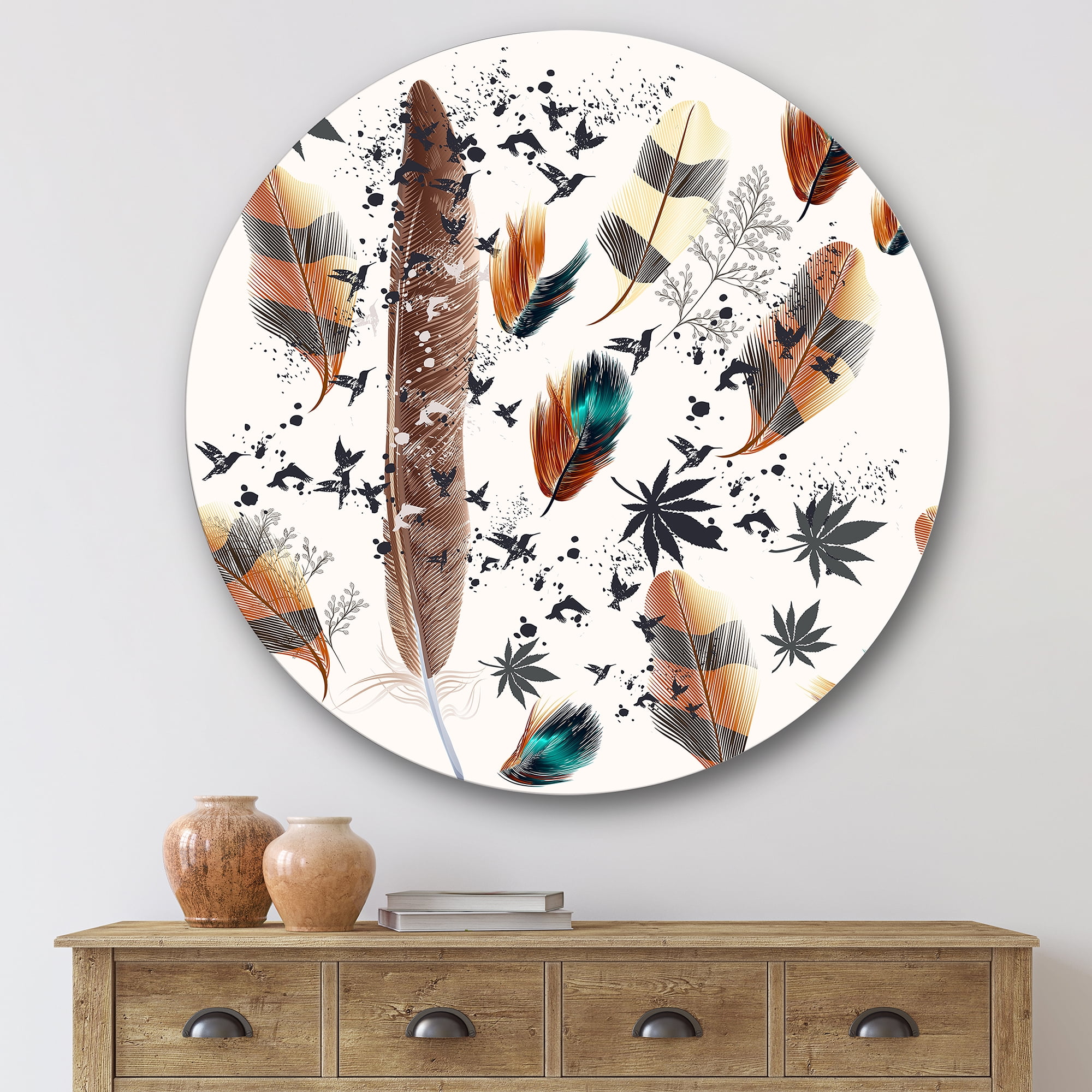 Designart 'Multicolored Feather Pattern With Floral' Bohemian & Eclectic Circle Metal Wall Art 36x36 - Disc of 36