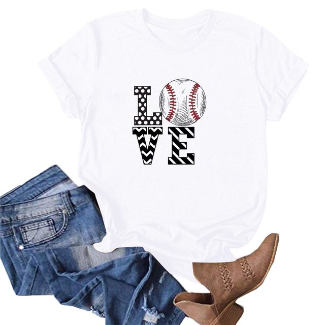 Meichang T-Shirts de Baseball pour Femmes à Cœur d'Amour Col Ras du Cou Manches Courtes T-Shirt Graphique Coupe Ample Mode Décontractée Hauts T-Shirts Mignons Cadeaux de Mother's Day pour Maman Blanc TG