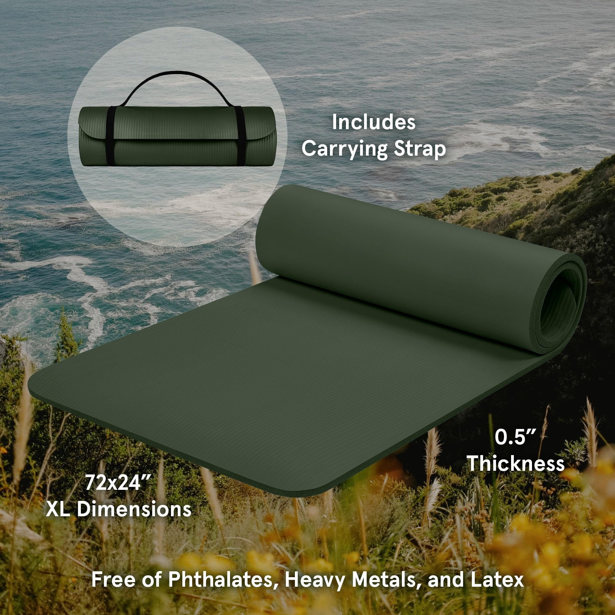 72"x24" Thick Non-Slip Yoga Mat BPA-Free Exercise Mat with Carrying Strap for Pilates & Fitness
