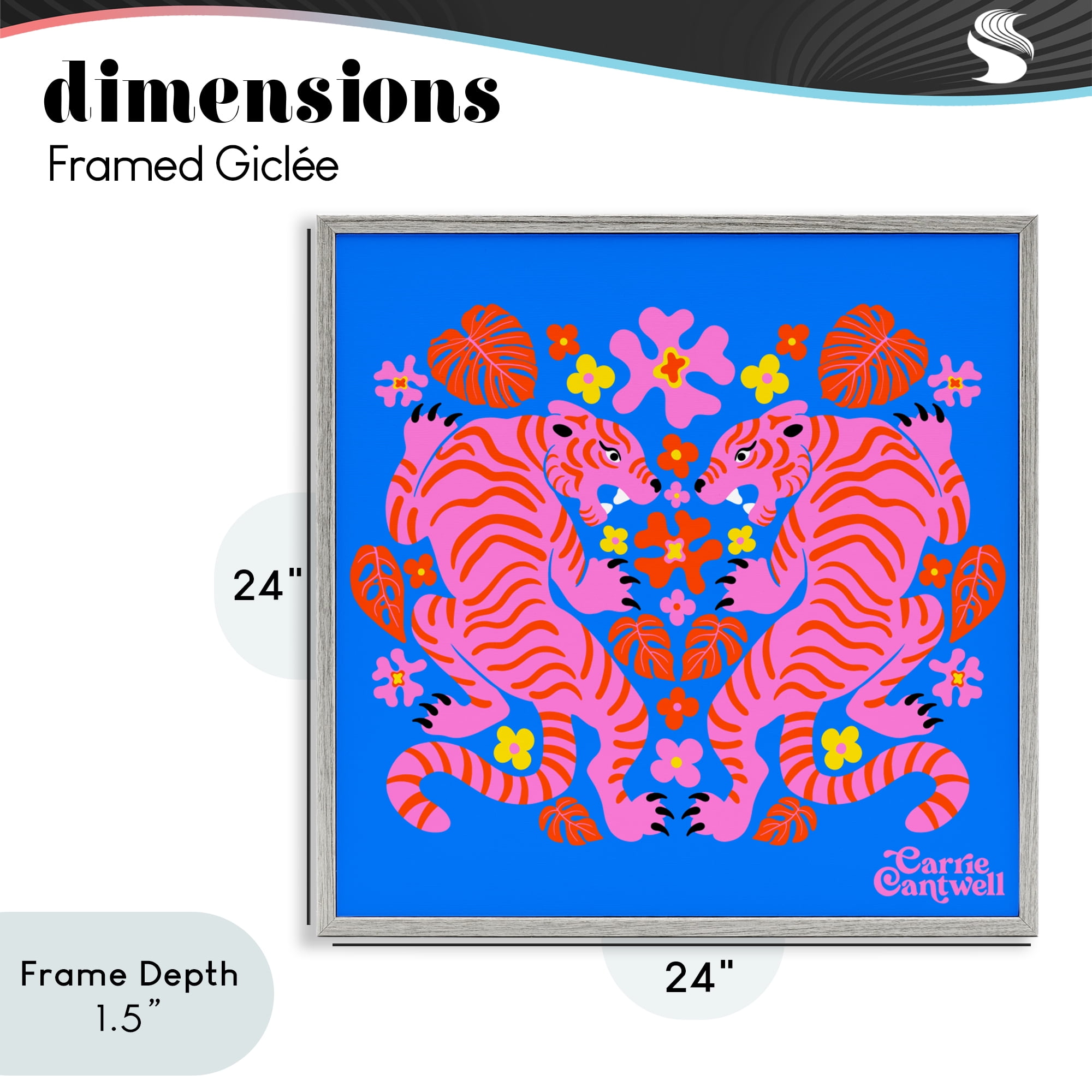 Stupell Industries Pink Tigers and Monstera Gray Framed Giclee Art, design by Carrie Cantwell