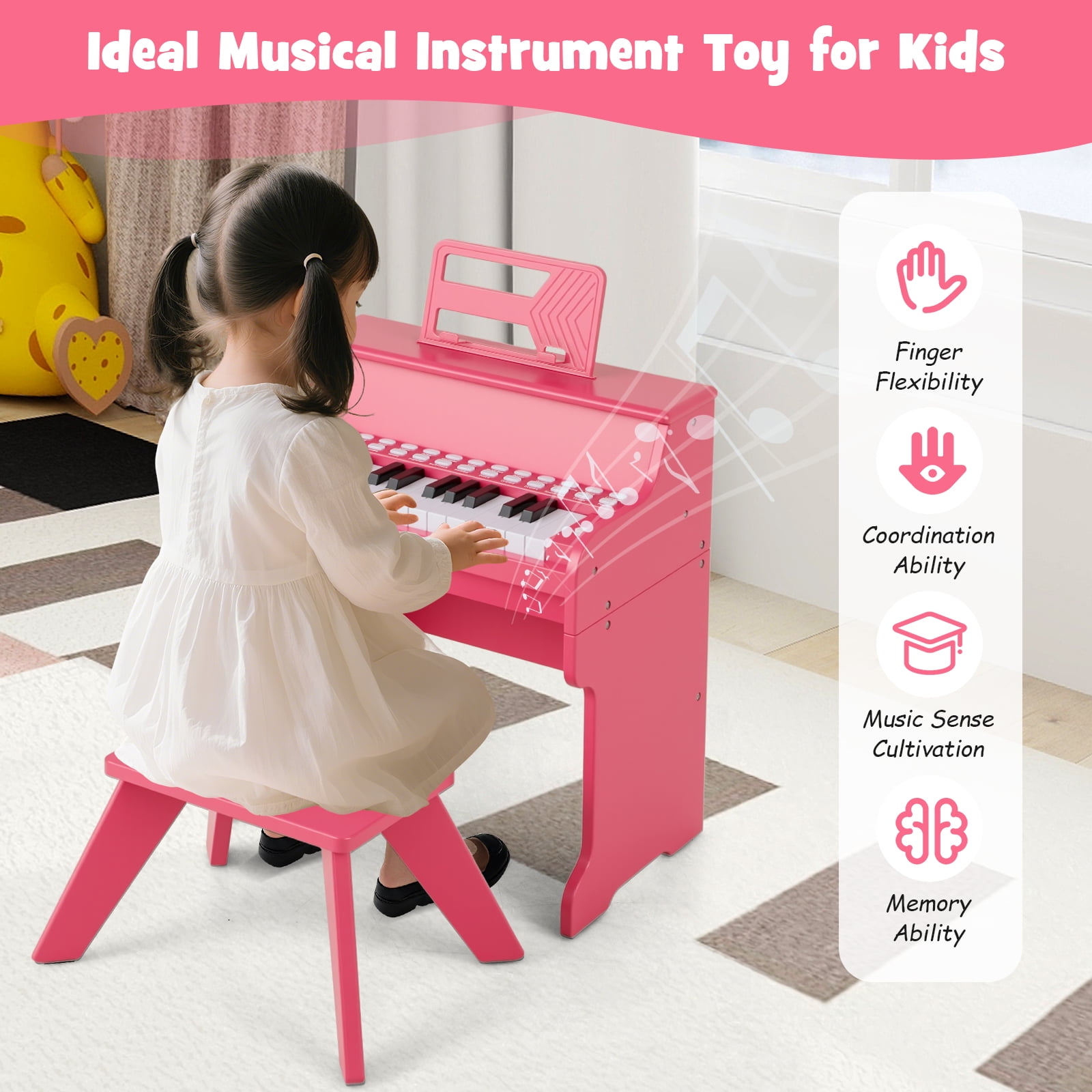 Patiojoy 25 Lighted Keys Kids Piano Keyboard with Stool Mini Digital Piano Wooden Toy Pink