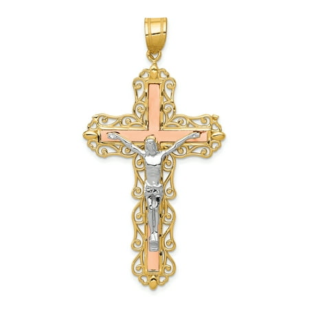 - 14k Tri Color Yellow White Gold Crucifix Cross Religious Pendant Charm Necklace Inri Latin Fine Jewelry For Women Gift Set