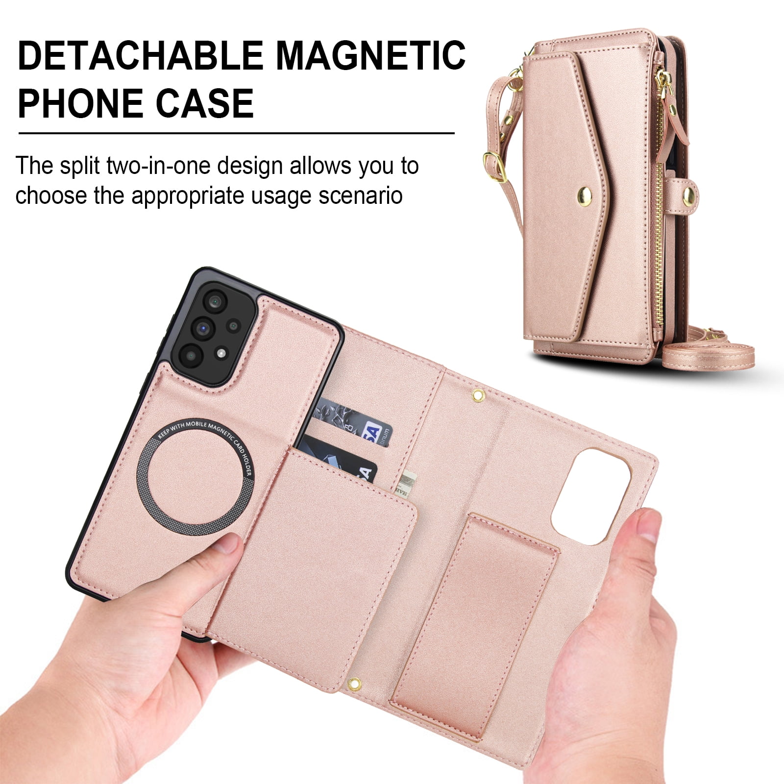 Designed for Samsung Galaxy A14 5G Multi-Function Wallet Phone Case,With Shoulder Strap&Wrist Strap,Cash Pocket&Card Slots,Zipper Purse,Magnetic Detachable PU Leather Flip Phone Case,Rosegold