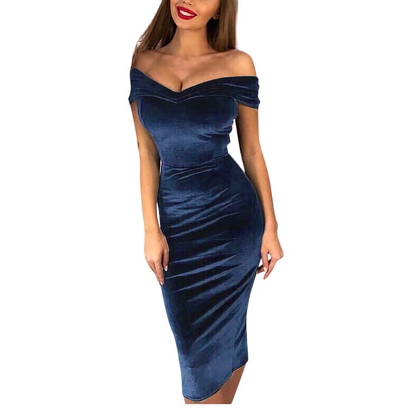 Off Shoulder Maxi Dress, Solid Color Strapless Bandeau Gown with Side Pockets, Elegant Formal Dress for Wedding, Prom & Summer Party Navy S