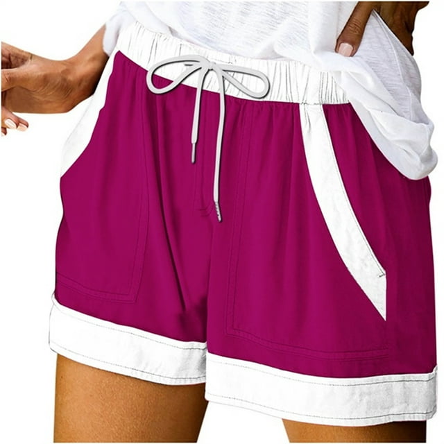Plebaso Womens Summer Shorts Color Block Drawstring Casual Shorts Loose Activewear Shorts with Pockets