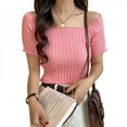 thumbnail image 1 of T-Shirt d'Été Femmes Couleur Unie Col Rond Manches Courtes Tricotés T-Shirts, 1 of 6