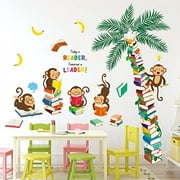 DECOWALL DSL-8065 Monkey Tree .. Books Wall Stickers Decals .. for Kids Jungle Reading .. playroom Toddler Reading Nook .. Safari Classroom Bedroom Baby .. Decor DIY Animals Nursery