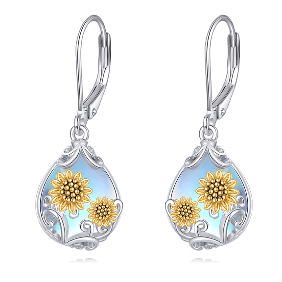 Moonstone Sunflower Teardrop Drop Dangle Earrings Sterling Silver Sunflower Leverback Earrings Moonstone Jewelry Gifts for Women