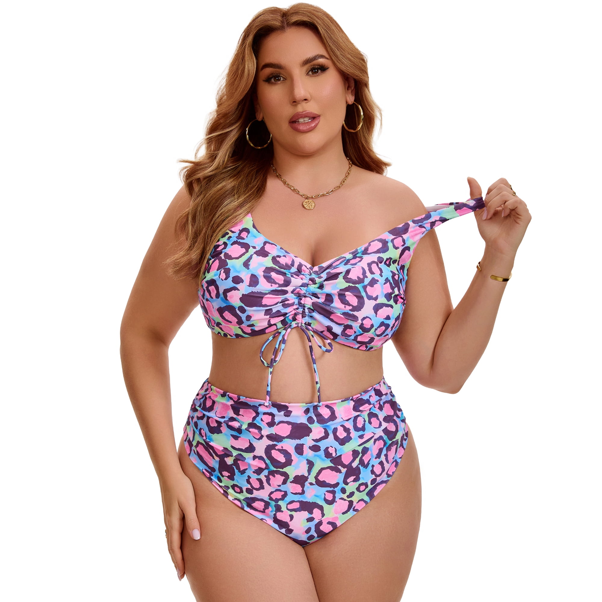 DARING DIVA Women's Plus Bikini High Waisted 2 Piece Bathing Suits 1X Green Pink