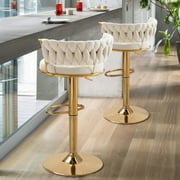 VECELO Velvet Bar Stools Set of 4, Modern Swivel Adjustable Counter Height Kitchen Bar Chairs with Woven Back, for Dining Room Pub Island, White
