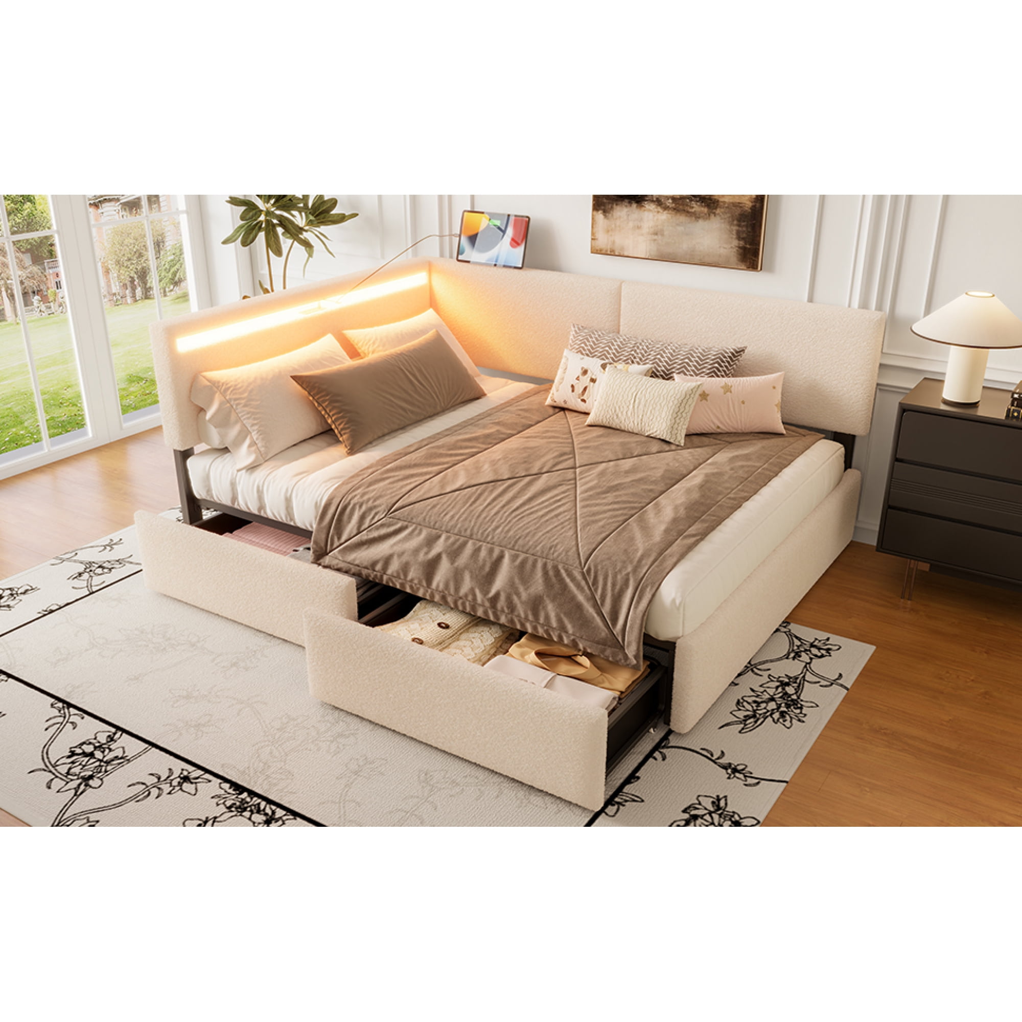 Leumius Full Size Boucle Corner Bed Frame, Upholstered Cloud Bed Frame with Headboard, 2 Storage Drawers, LED light and USB Charging Design, Solid Wood Legs and Slats for Bedroom Guest Room Beige