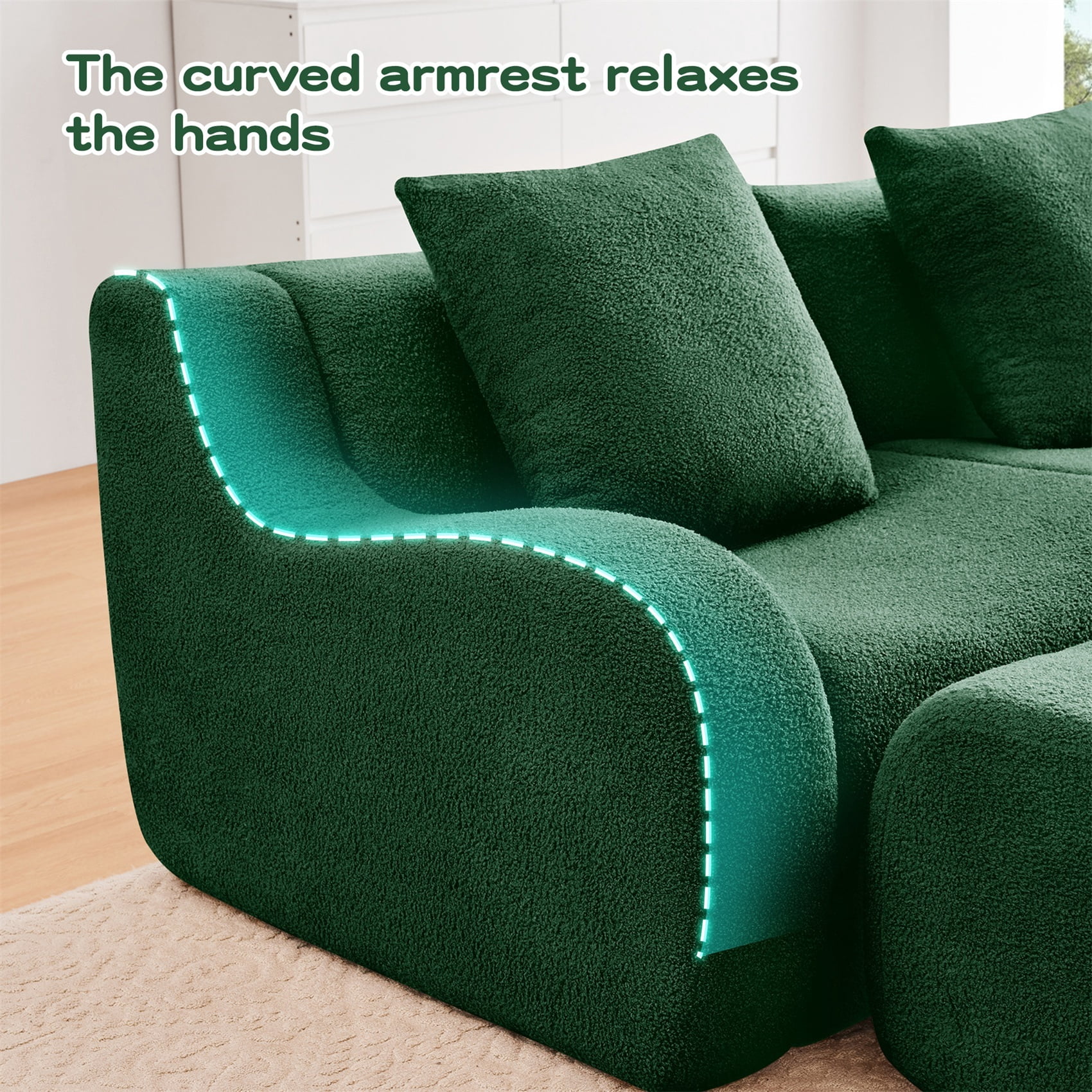 Alvantor Sectional Sofa 115" W 3-Seater Teddy Boneless Couch Modern Deep Seat Cloud Sofa for Living Room Green