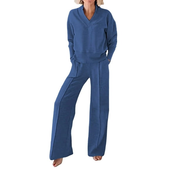 Women's 2 Piece Lounge Sets Casual Fall Travel Outfits Fashion Wide Leg Tracksuit V Neck Loungewear Baggy Comfy Sweatsuits