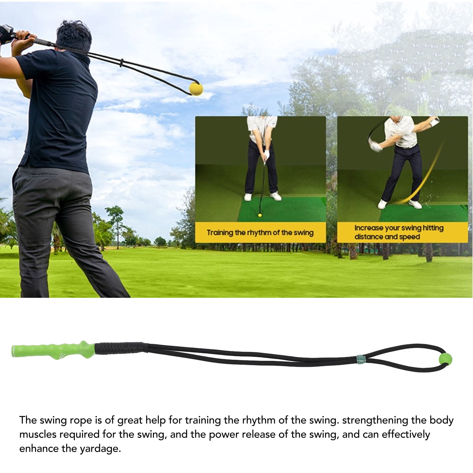 Suodoka Golf Swing Trainer Warm Up Stick Flexible Swing Speed Training Aid with Ball for Arm Strength Exercise Anti Slip Grip Nylon Rubber Green (14.57 inches / 37 cm)