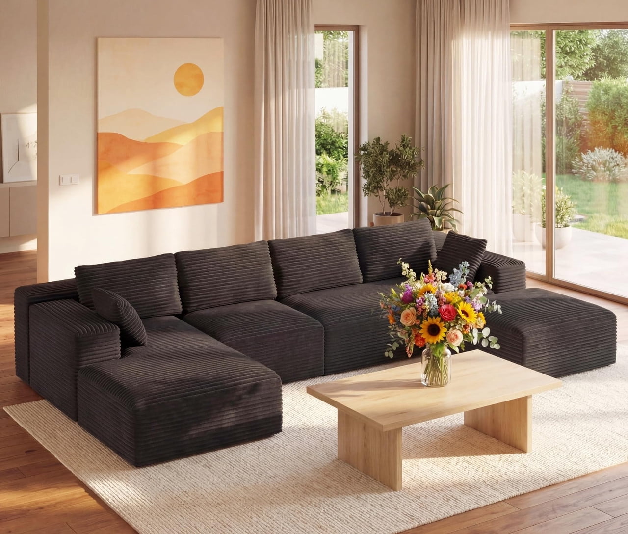 135" U/L Shaped Corduroy Modular Sofa, Frameless Memory Foam Deep Seating with Movable Ottoman, Black