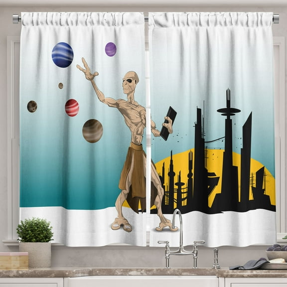 Ambesonne Cartoon Kitchen Curtains, Alien Planets Galaxy, 55"x30", Multicolor