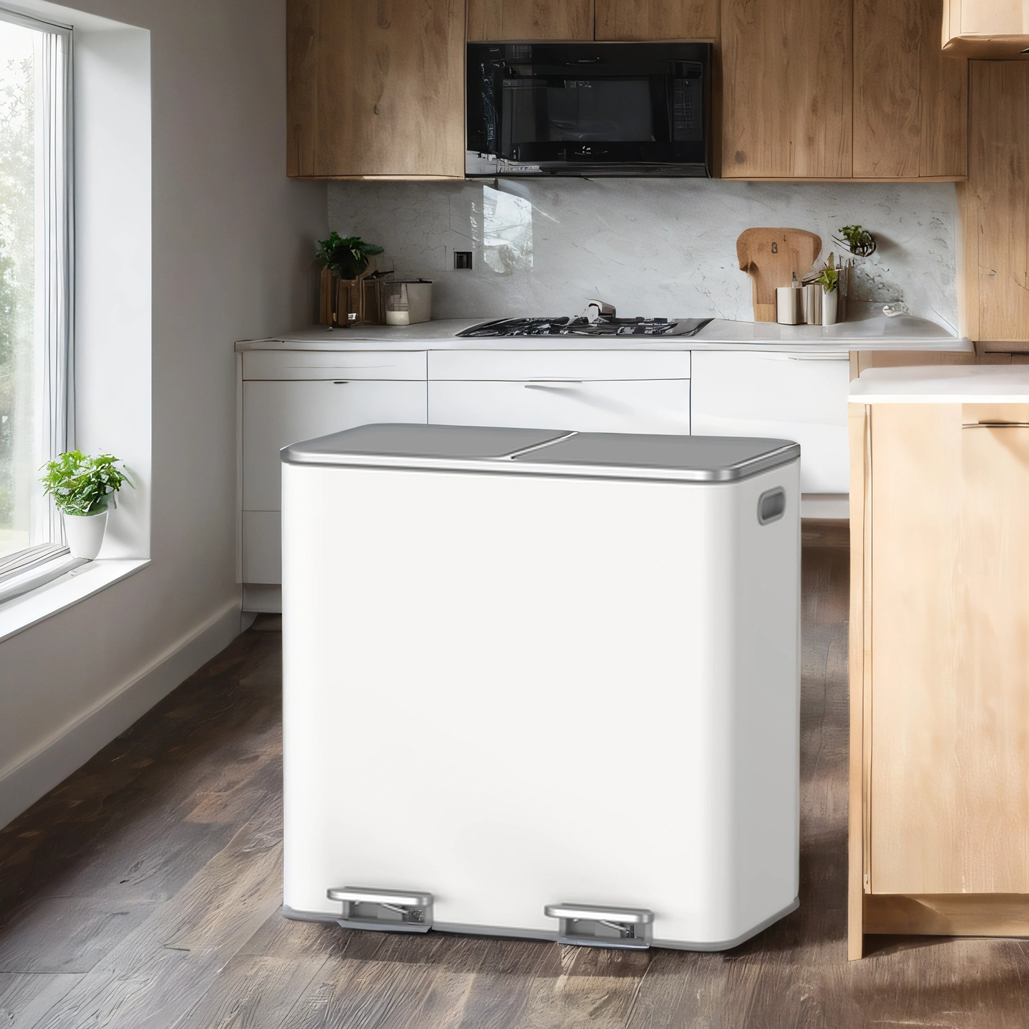 LEDREM Dual Compartment Step Trash Can , 2 x 10.6-Gallon Kitchen Garbage Bin with Pedal , Inner Buckets , Hinged Lids and Trash Bags Included , White and Gray