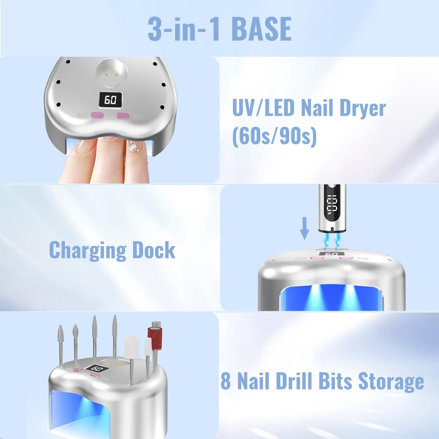 Cordless Electric Nail Drill File: 35000RPM Professional Nail Drill Machine with UV LED Nail Lamp Charging Base, Manicure Pedicure Kit E File for Acrylic Gel Dip Powder Polish Silver