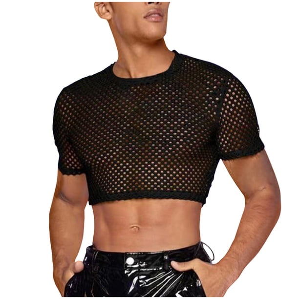 pstuiky Camisas de manga corta para hombre, Camiseta informal de manga corta con capucha y cuello de color liso con diseño de red de pesca hueca para hombre camisas casuales para hombre xxl
