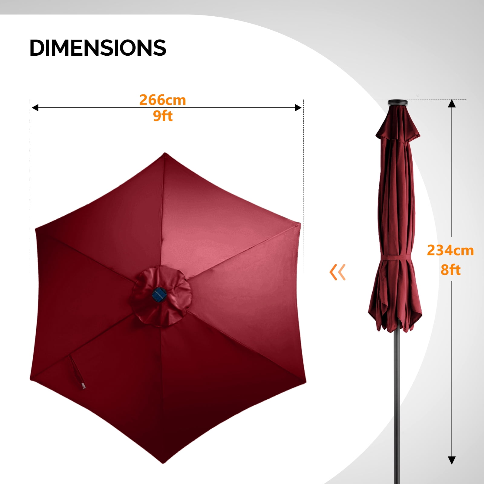 9ft Solar Patio Umbrella with LED Lights, UPF 50+ Waterproof Canopy, 6 Iron Ribs, Push Button Tilt & Crank Lift, Beige for Patio Garden Poolside