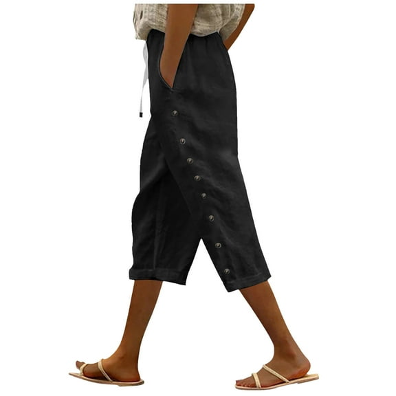 Riforla Women's Summer Solid Color Elastic Waist Loose Side Button Decoration Versatile Capris Casual Pants Women's Pants Black L