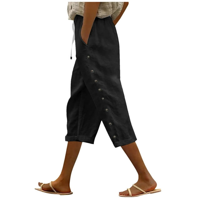 Short Shorts Women Summer Solid Color Elastic Waist Loose Shorts Side Button Decoration Versatile Capris Pants Womens Linen Shorts Black S