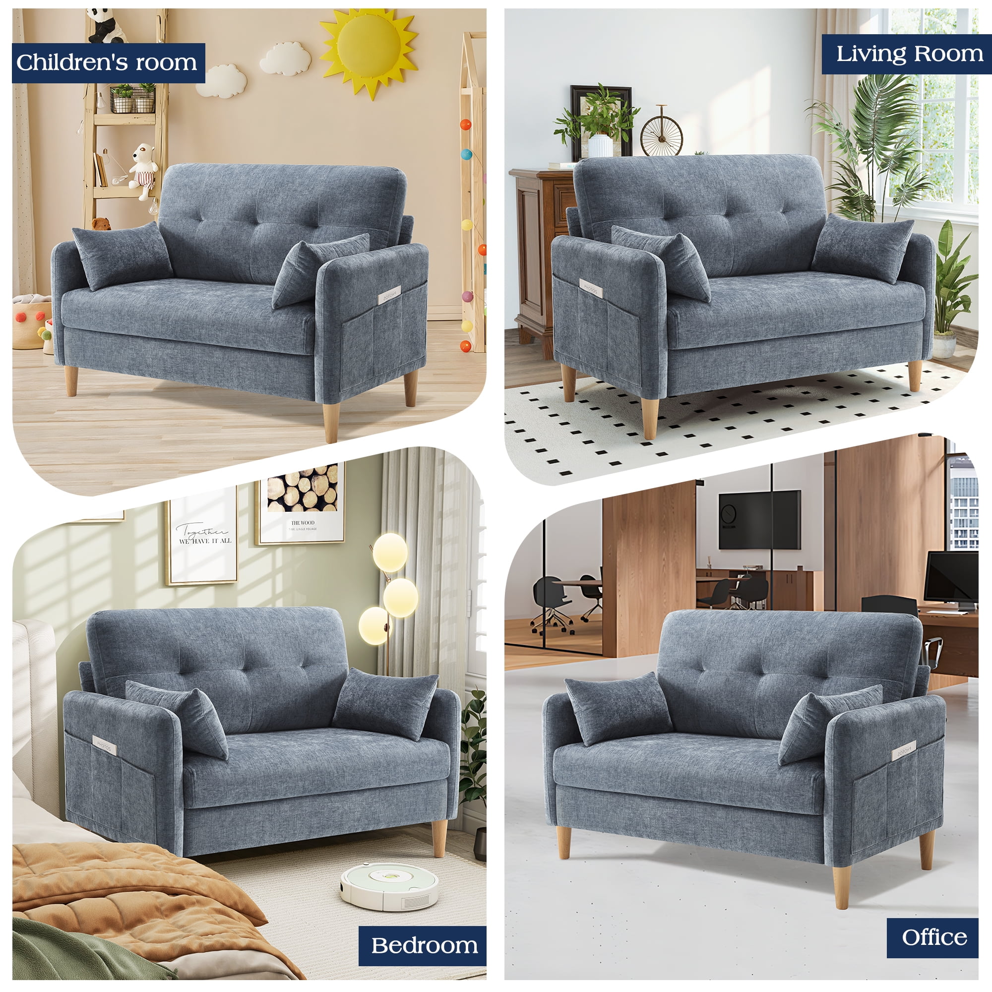 BedLuxury 47'' Wide LoveSeat, 2-seat Chenille sofa with 2 Pillows for Living Room and Small Spaces, Blue