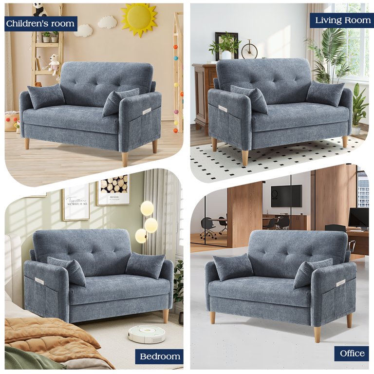 BedLuxury, LoveSeat, 47'' Wide, Blue Chenille 2-Seat Sofa with