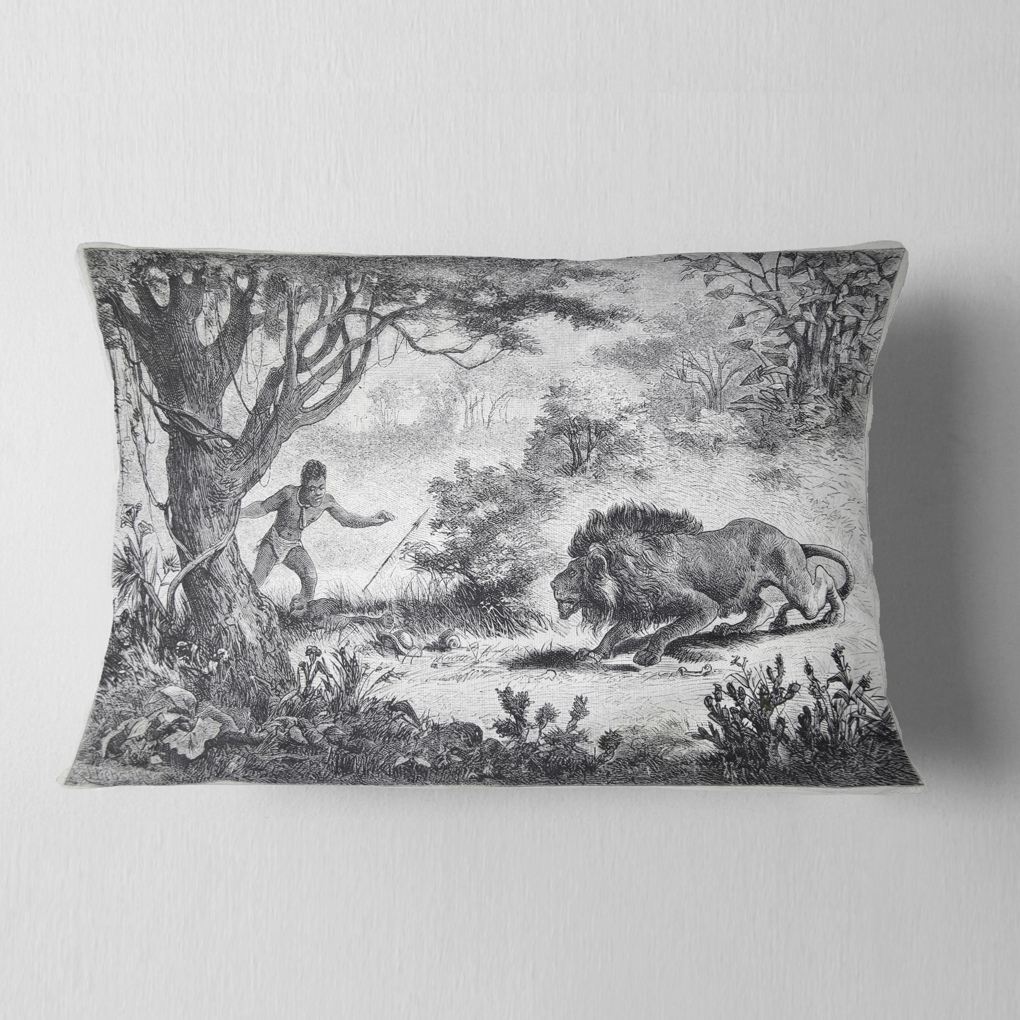 Designart Lion Eating Man - Animal Throw Pillow - 12x20