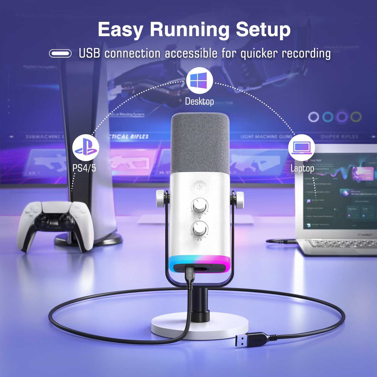 FIFINE AM8 XLR USB Dynamic Microphone for Computer PC PS5, Gaming/Streaming Mic with RGB, Headphone Jack, Mute, Gain Knob for Podcast, Music Recording, White