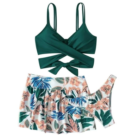 3 Piece Swimsuits for Women Triangle Bikini Sets Vintage With Cover Up Skirt Women s Printed Sleeveless Sexy Tight Swimsuit Green S