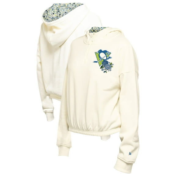 Women's New Era Cream Pittsburgh Penguins Glam Game Quarter-Zip Cropped Floral Hoodie Pullover