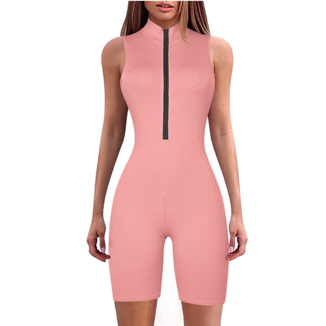 cfhntfmh Sleeveless Jumpsuits for Women Slim Stand Collared Athletic Rompers Fashion Zipped Workout Running Short Outfits