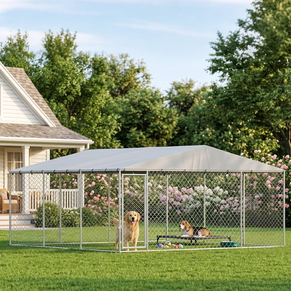 PawHut Outdoor Dog Kennel, Heavy Duty Dog Run with Waterproof Cover, Galvanized Chain Link, Secure Locks, for Dogs, Chickens, Ducks, 13' x 13' x 6.5'