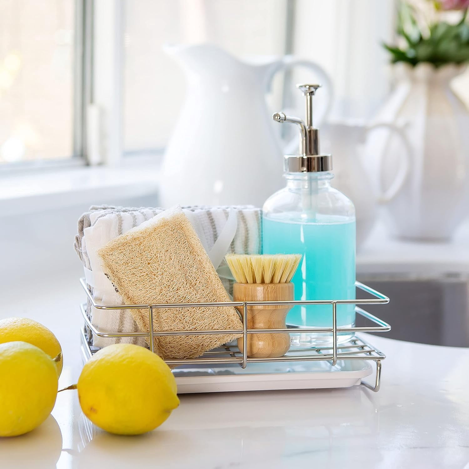 Stainless Steel Kitchen Sink Caddy Organizer – Rust-Resistant Sponge & Soap Holder with Removable Drip Tray – Countertop Sink Storage for Sponges, Brushes & Soap – Durable Kitchen Cleaning Accessory