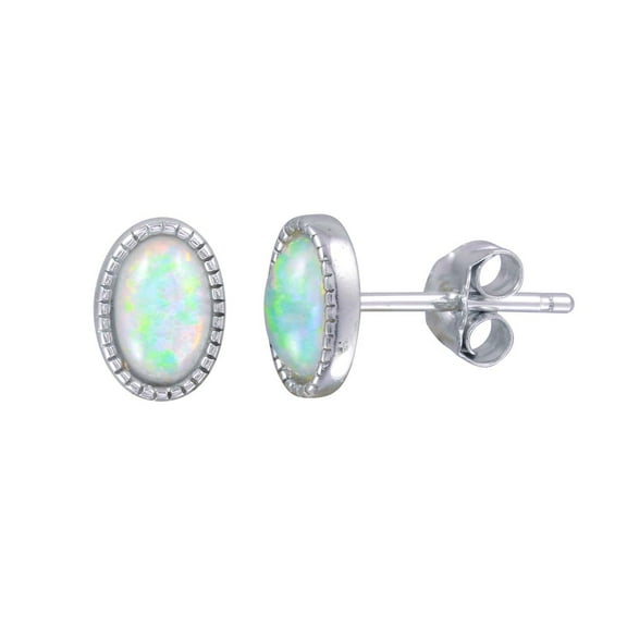 Oval White Simulated Opal Rounded Stud Earring Sterling Silver