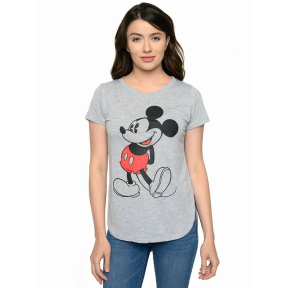 Womens Classic Mickey Mouse Hi-Low Hem T-Shirt Heather Gray Junior Sizes