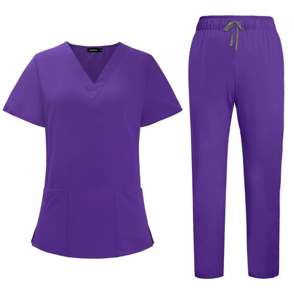 MLQIDK Scrubs for Women Plus Size Medical Scrubs Stretchy V Neck Yoga Scrub Pants and Tops Nurse Uniforms Scrubs with Pockets Purple XL