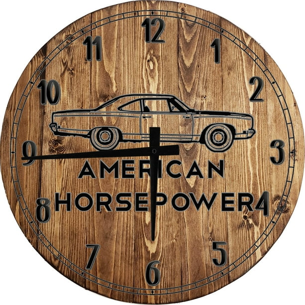 Large Wood Wall Clock 24 Inch Round Car Wall Art American Horsepower