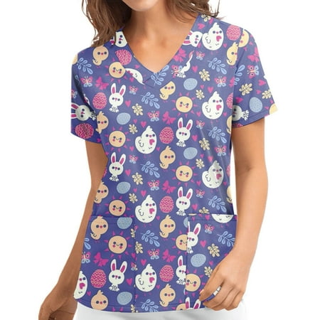 

Ecqkame Womens Nursing Scrub Tops Easter Eggs Bunny Rabbit Printed Working Uniform Blouse T-shirt Casual Short Sleeve V-neck Blouse Tops With Pocket Multicolor L on Clearance