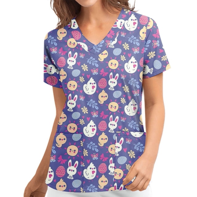 Blusa con cuello en V de manga corta para mujer, uniforme con bolsillos estampados de Pascua, blusa de enfermería Fridja bn6072