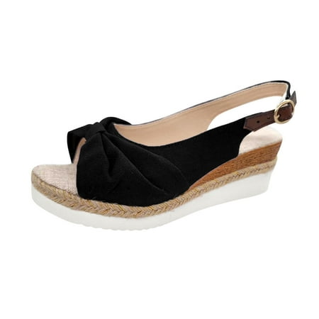 

sandals for Women Ladies Fashion Summer Solid Color Fabric Casual Straw Bottom Wedge Buckle Sandals cloth Dress Sandals for Women Black